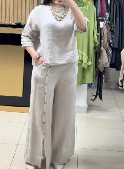 Fashion solid color loose casual three-quarter sleeve top loose pants suit