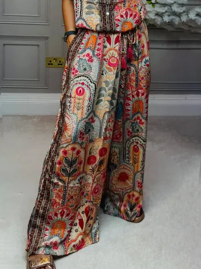 Exquisite Satin Unique Plant Flower Print Loose Wide-Leg Pants