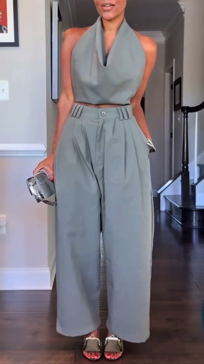 Women's Halter Neck Sleeveless Cotton and Linen Casual Suit