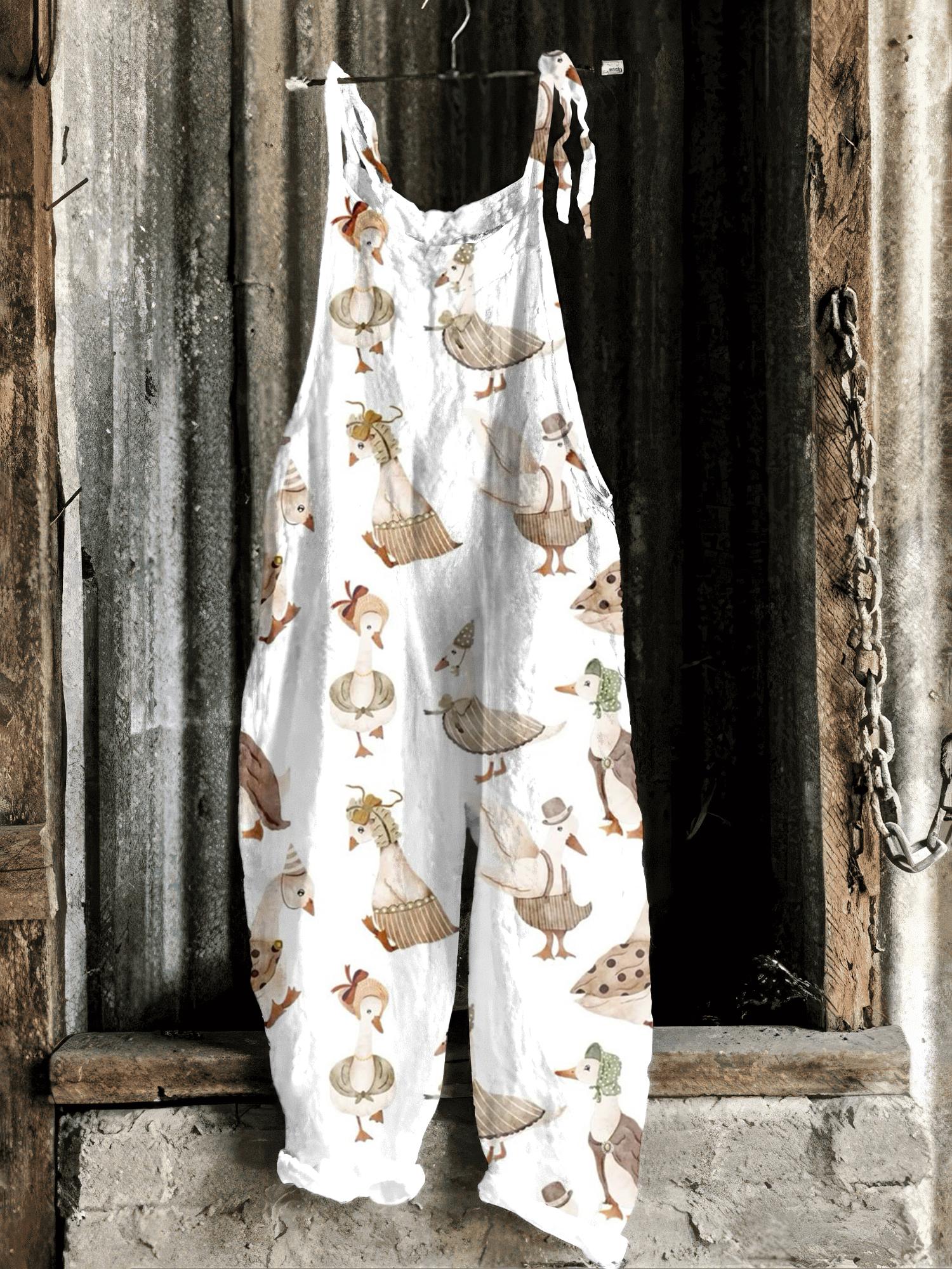 Farm Vintage Duck Pattern Casual Jumpsuit