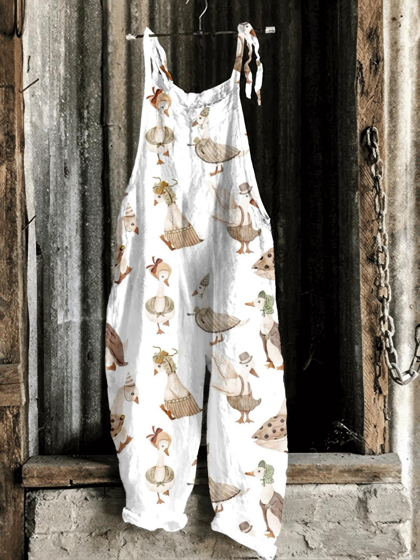 Farm Vintage Duck Pattern Casual Jumpsuit
