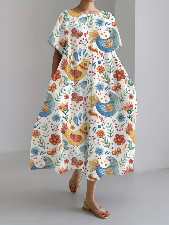 Women Japanese Art Animal Pattern Linen Blend Maxi Dress