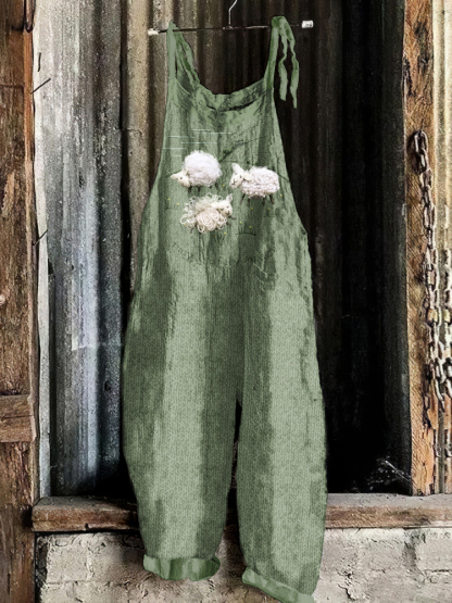 Vintage Farm Sheep Linen Blend Loose Casual Jumpsuit