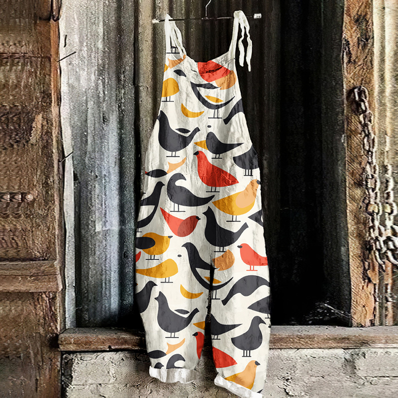 Farm Chicken Art Pattern Linen Blend Jumpsuit