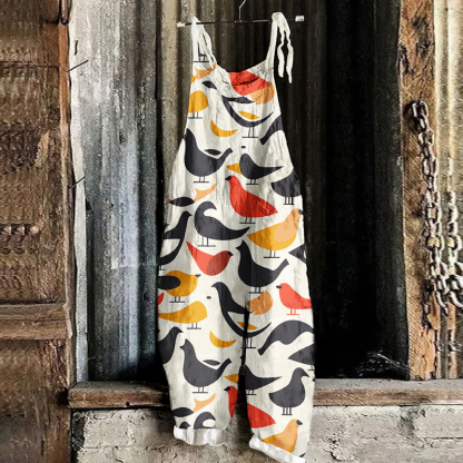 Farm Chicken Art Pattern Linen Blend Jumpsuit
