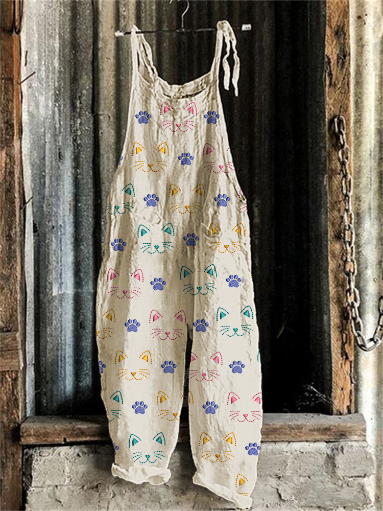 Cute Cat Embroidery Pattern Linen Blend Casual Jumpsuit