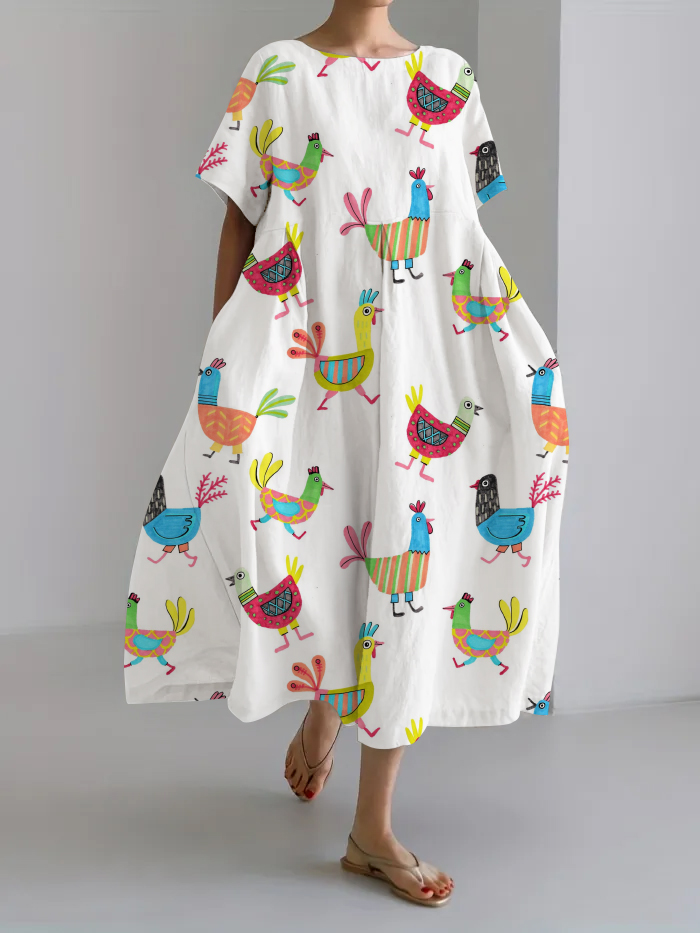 Women Japanese Art Animal Pattern Linen Blend Maxi Dress