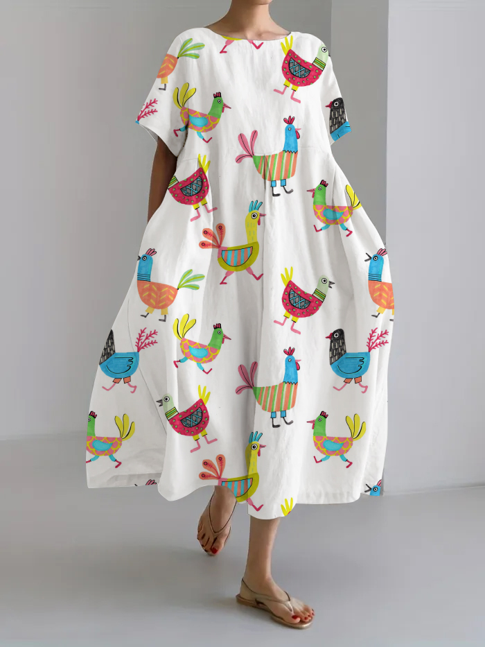 Women Japanese Art Animal Pattern Linen Blend Maxi Dress