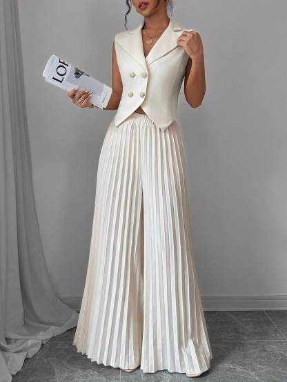 Elegant Solid Color Blazer & Pleated Wide-Leg Pants Set for Women - Machine Washable,