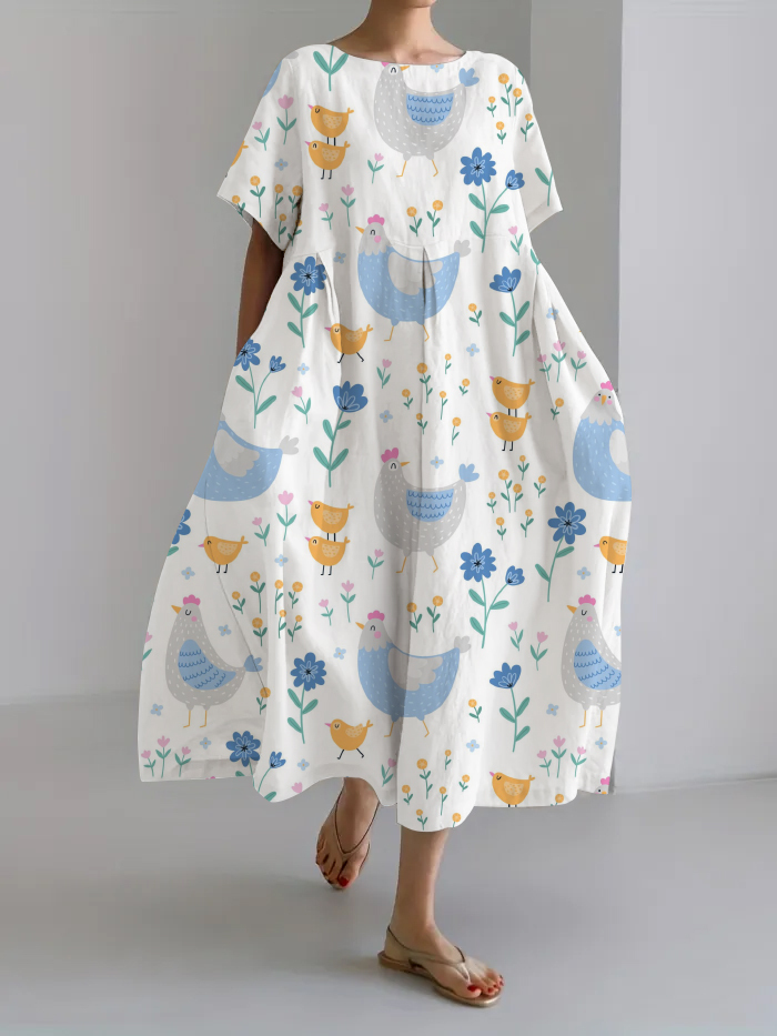 Women Japanese Art Animal Pattern Linen Blend Maxi Dress