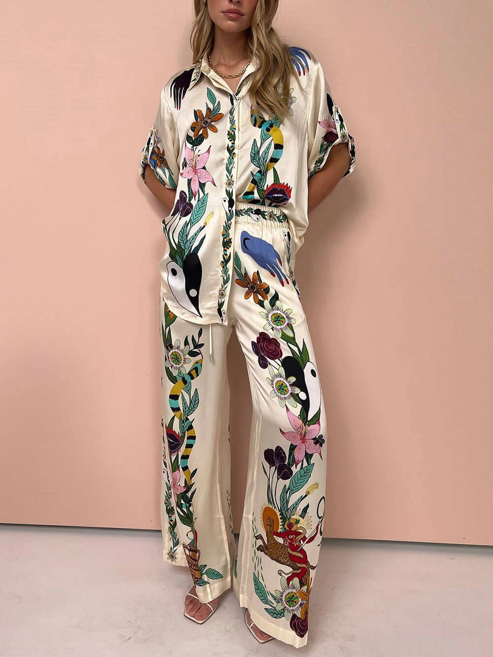 Exquisite Satin Unique Plant Flower Print Loose Wide-Leg Pants