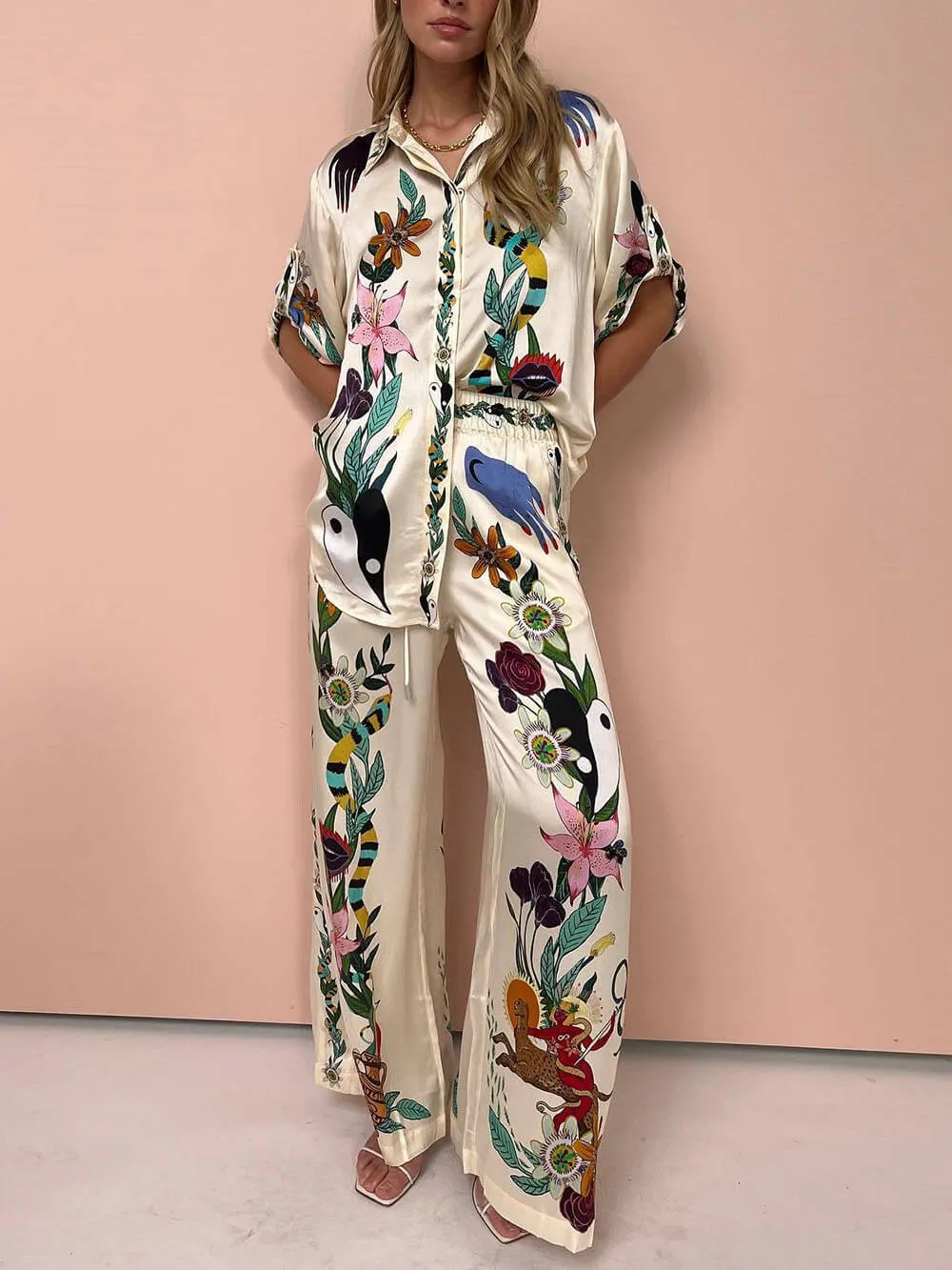 Exquisite Satin Unique Plant Flower Print Loose Wide-Leg Pants