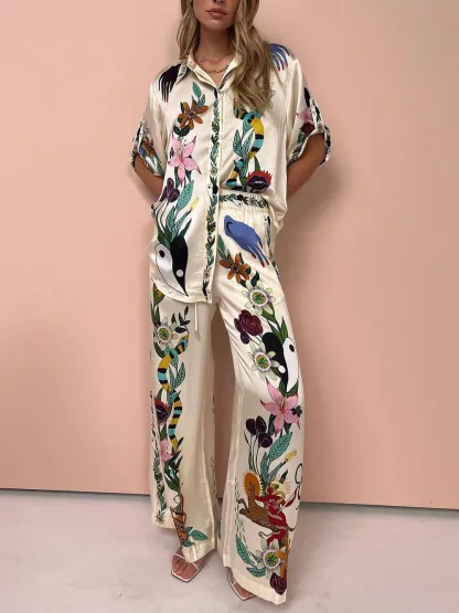 Exquisite Satin Unique Plant Flower Print Loose Wide-Leg Pants