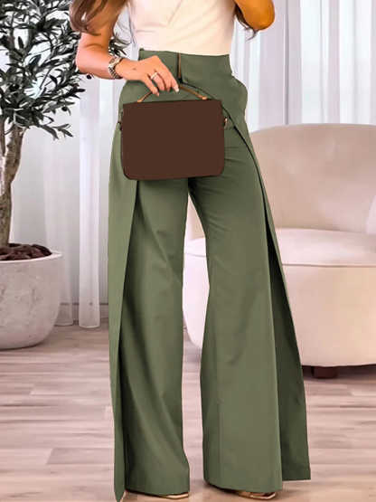 Fashion Women's Casual High Waist Overlap Asymmetric Elegant Solid Color Wide Leg Pants