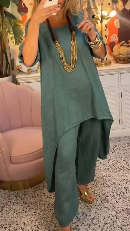 🔥Two-piece suit in cotton and linen, with a round neckline and long sleeves