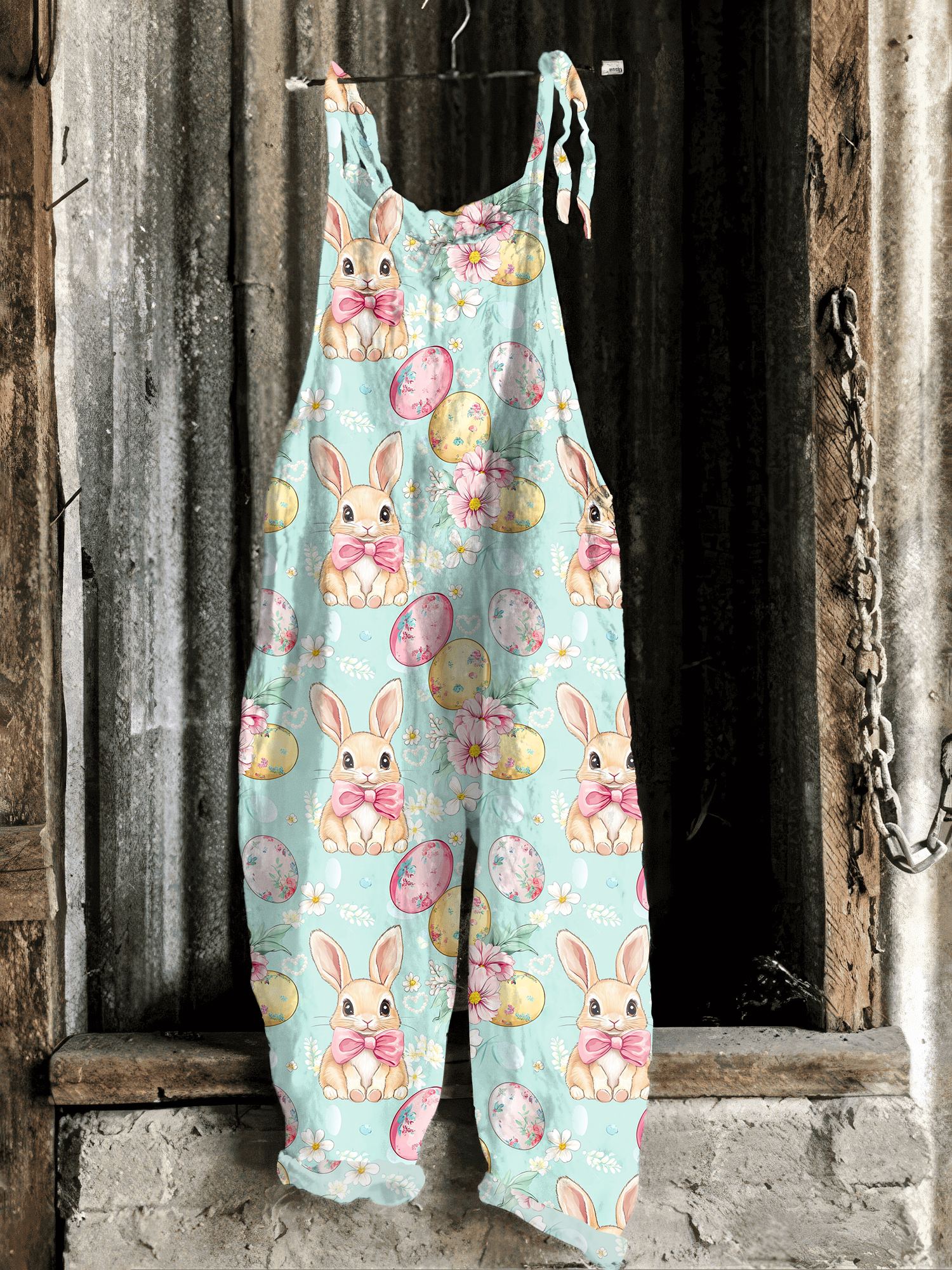 Vintage Easter Bunny Pattern Casual Jumpsuit