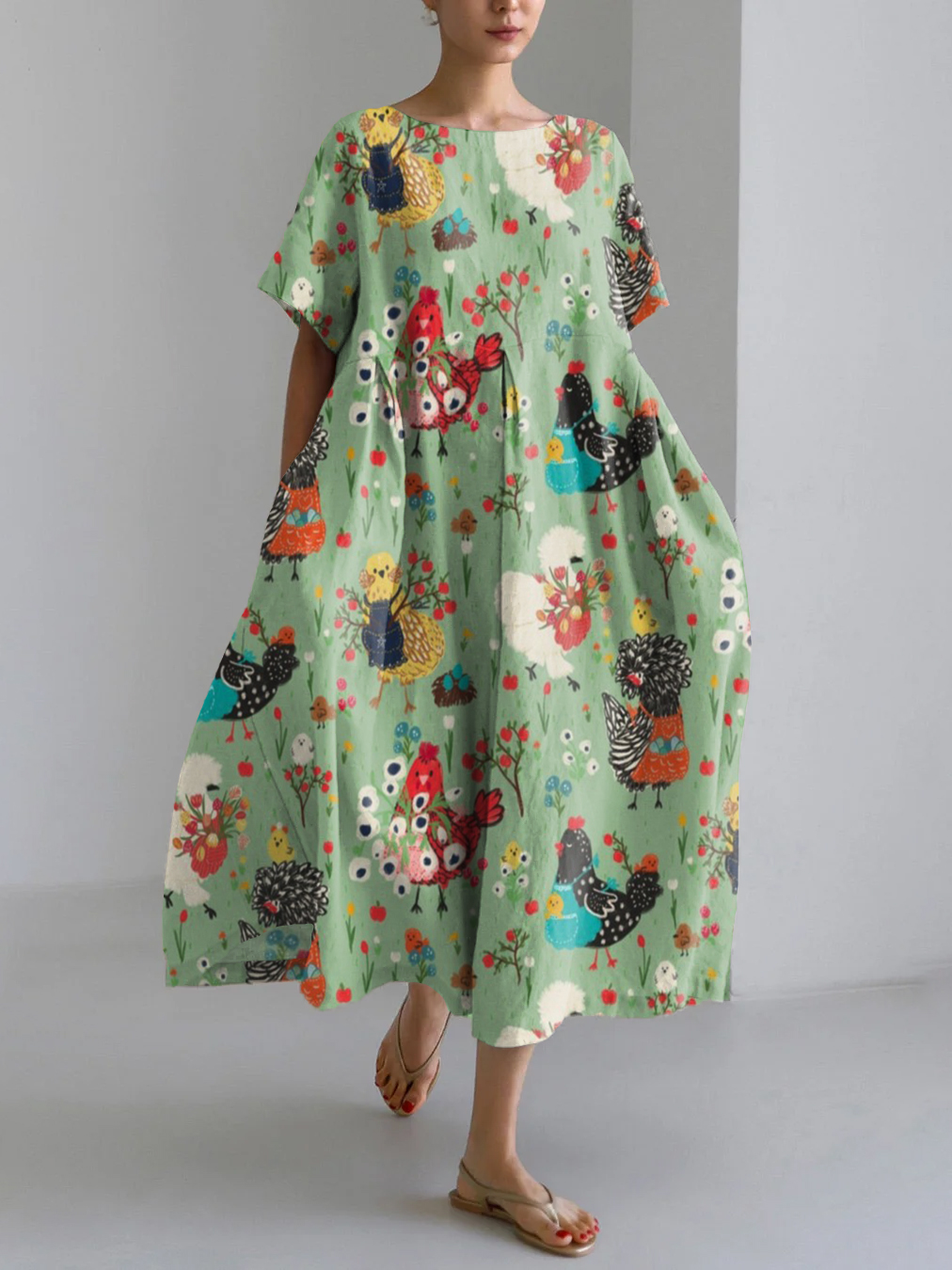 Vintage Farm Chicken And Floral Pattern Linen Blend Maxi Dress