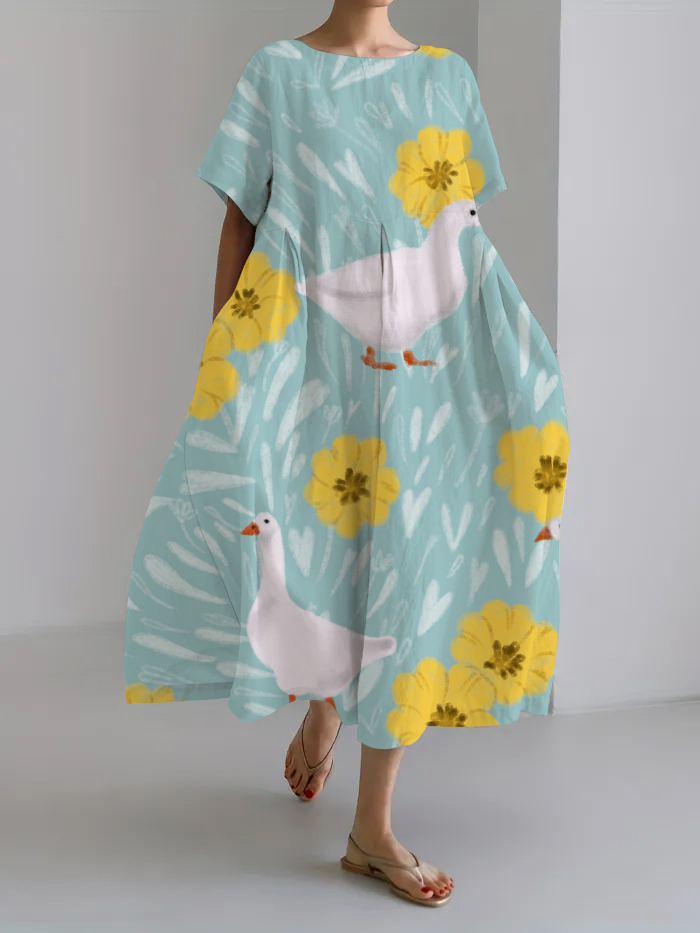 Women Japanese Art Animal Pattern Linen Blend Maxi Dress