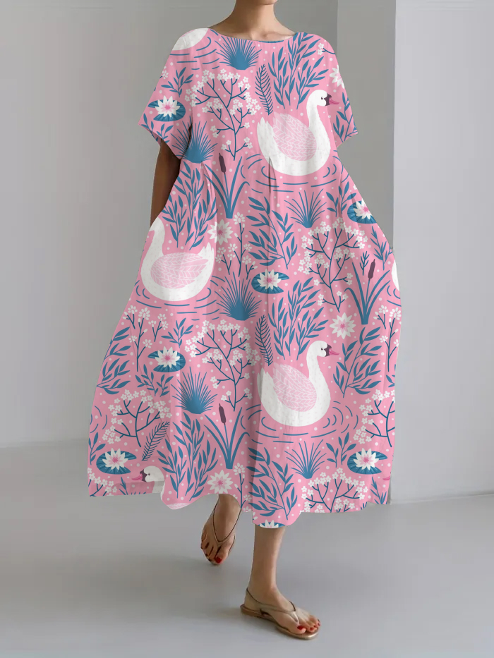 Women Japanese Art Animal Pattern Linen Blend Maxi Dress