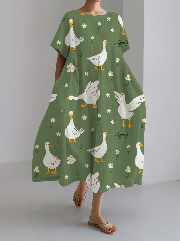 Women Japanese Art Animal Pattern Linen Blend Maxi Dress