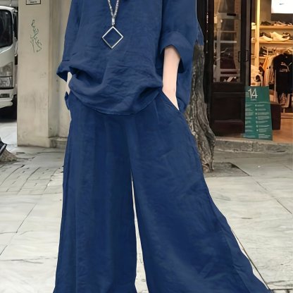 Plus Size Casual Outfits Set, Women's Plus Solid Round Neck Long Sleeve Top & Wide Leg Pants With Pockets Outfits Two Piece Set