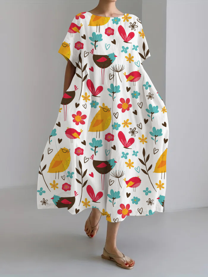 Women Japanese Art Animal Pattern Linen Blend Maxi Dress