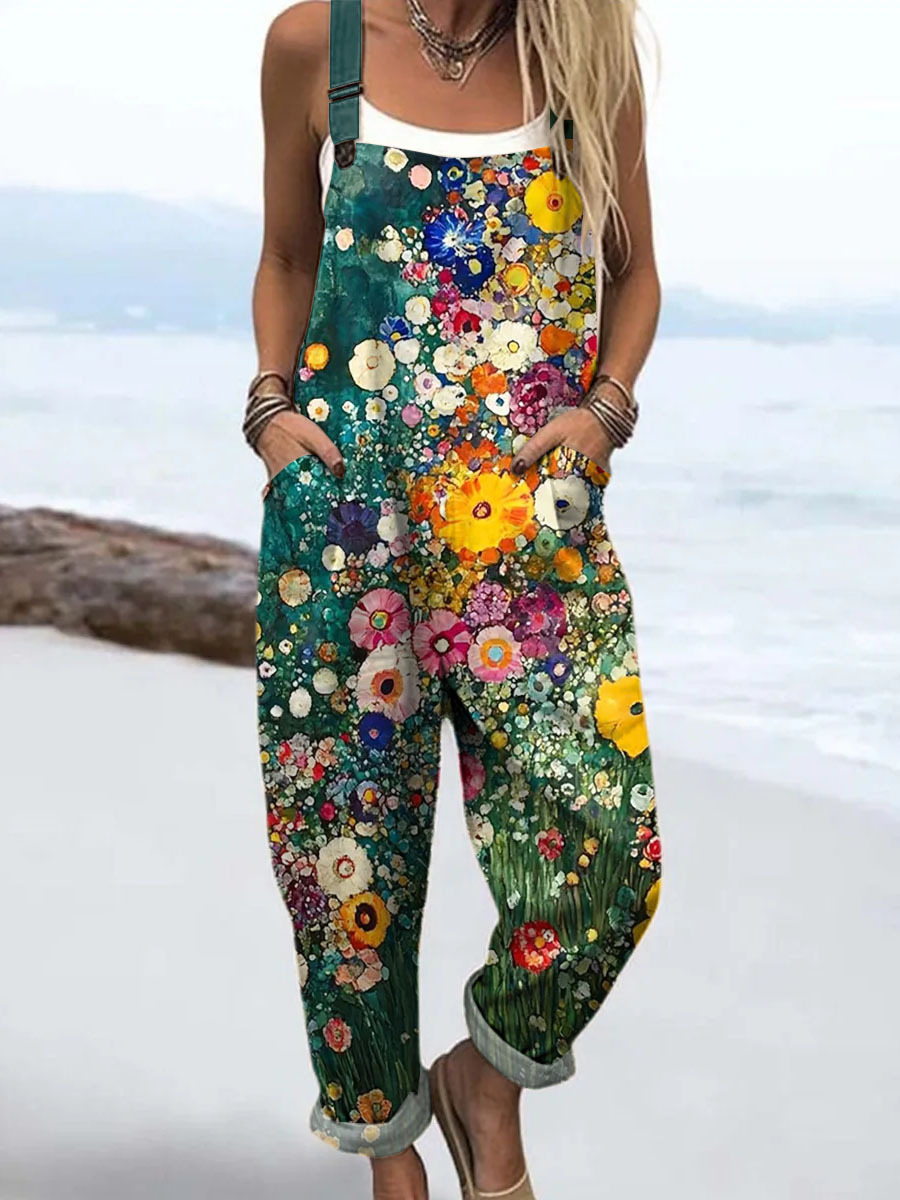 Women's Vintage Art Print Casual Cotton Wide Leg Jumpsuit