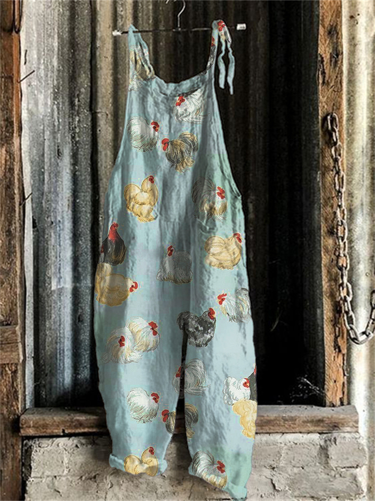 Vintage Chicken Pattern Loose Fit Jumpsuit