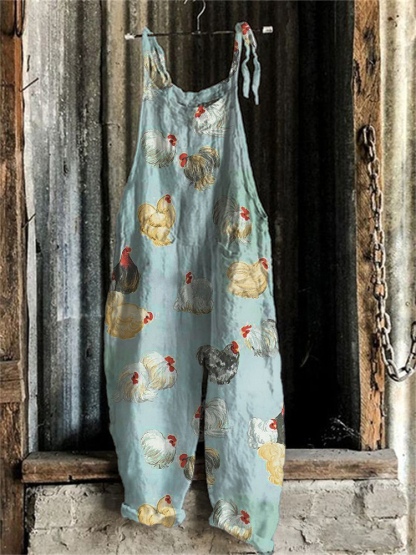 Vintage Chicken Pattern Loose Fit Jumpsuit