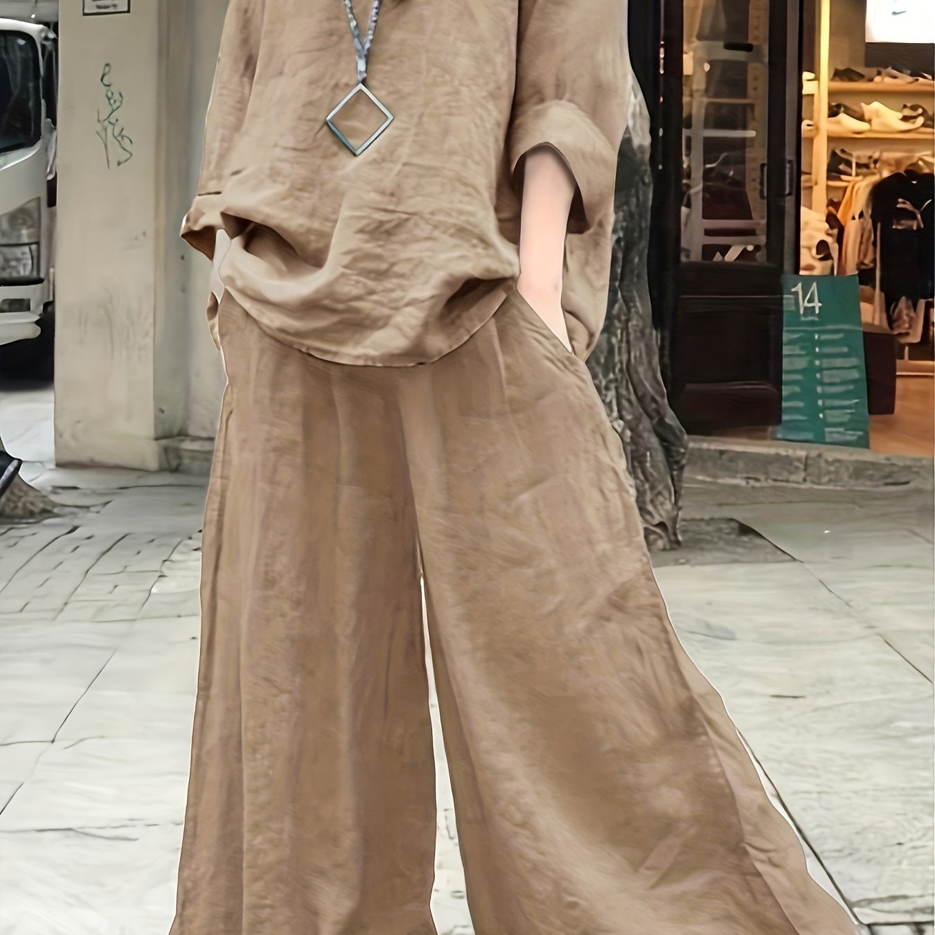 Plus Size Casual Outfits Set, Women's Plus Solid Round Neck Long Sleeve Top & Wide Leg Pants With Pockets Outfits Two Piece Set