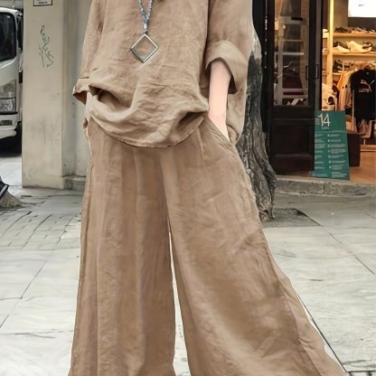 Plus Size Casual Outfits Set, Women's Plus Solid Round Neck Long Sleeve Top & Wide Leg Pants With Pockets Outfits Two Piece Set