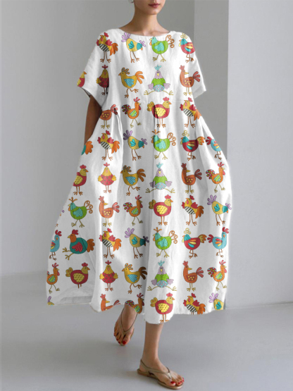 Funny Chicken Embroidery Pattern Linen Blend Dress