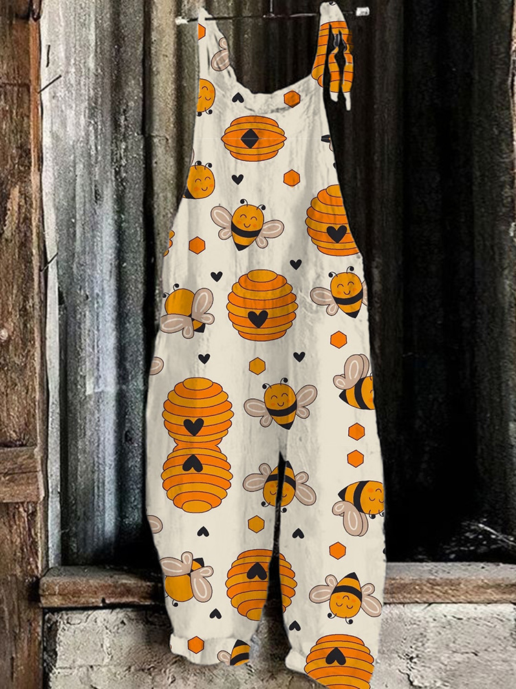 Farm Style Bees Print Casual Jumpsuit