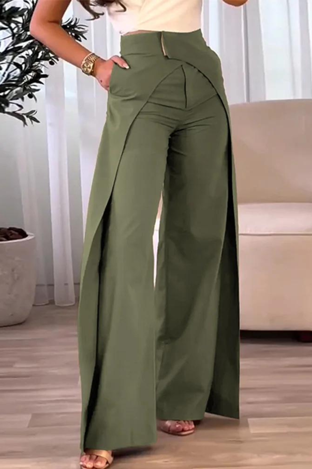 Fashion Women's Casual High Waist Overlap Asymmetric Elegant Solid Color Wide Leg Pants