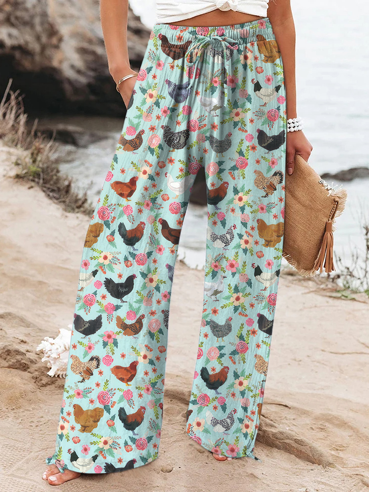 Women's Farm Chicken And Floral Pattern Casual Pants