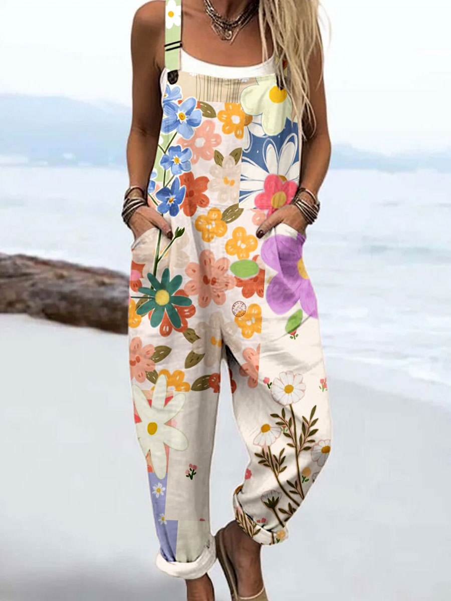 Women's Vintage Art Print Casual Cotton Wide Leg Jumpsuit