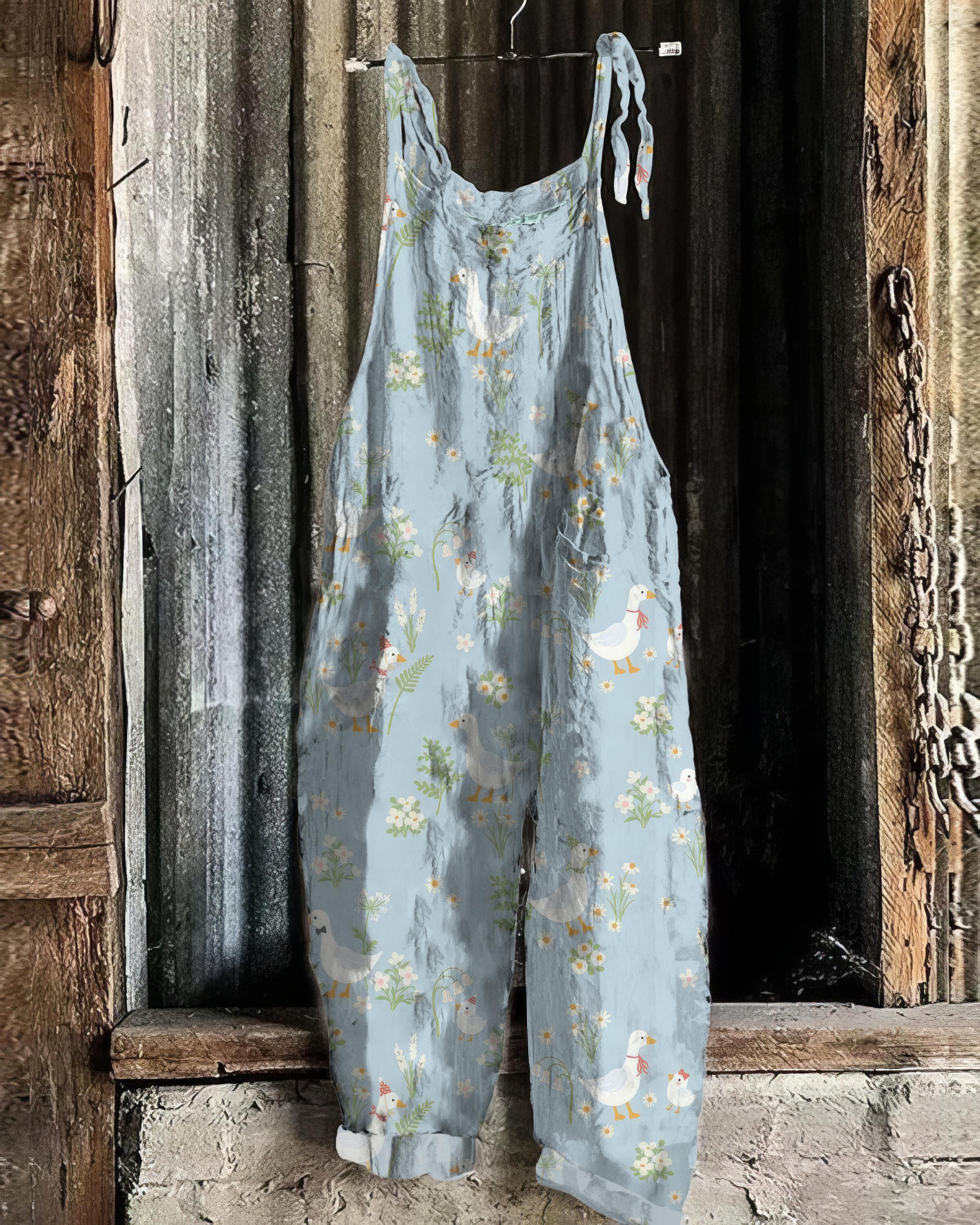 Farm Duck And Floral Pattern Linen Blend Jumpsuit