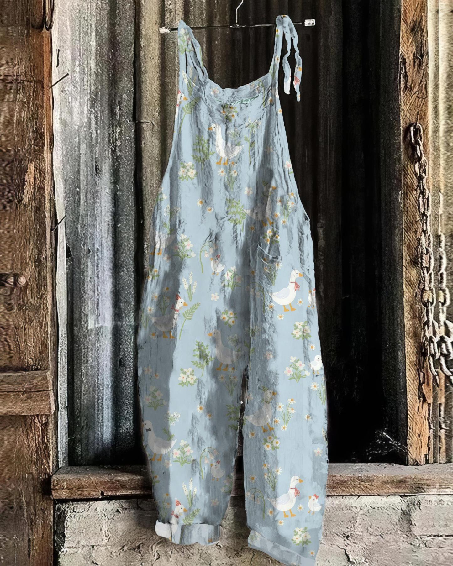 Farm Duck And Floral Pattern Linen Blend Jumpsuit