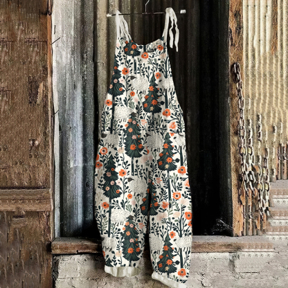 Women's Retro Farm Forest Print Sleeveless Jumpsuit