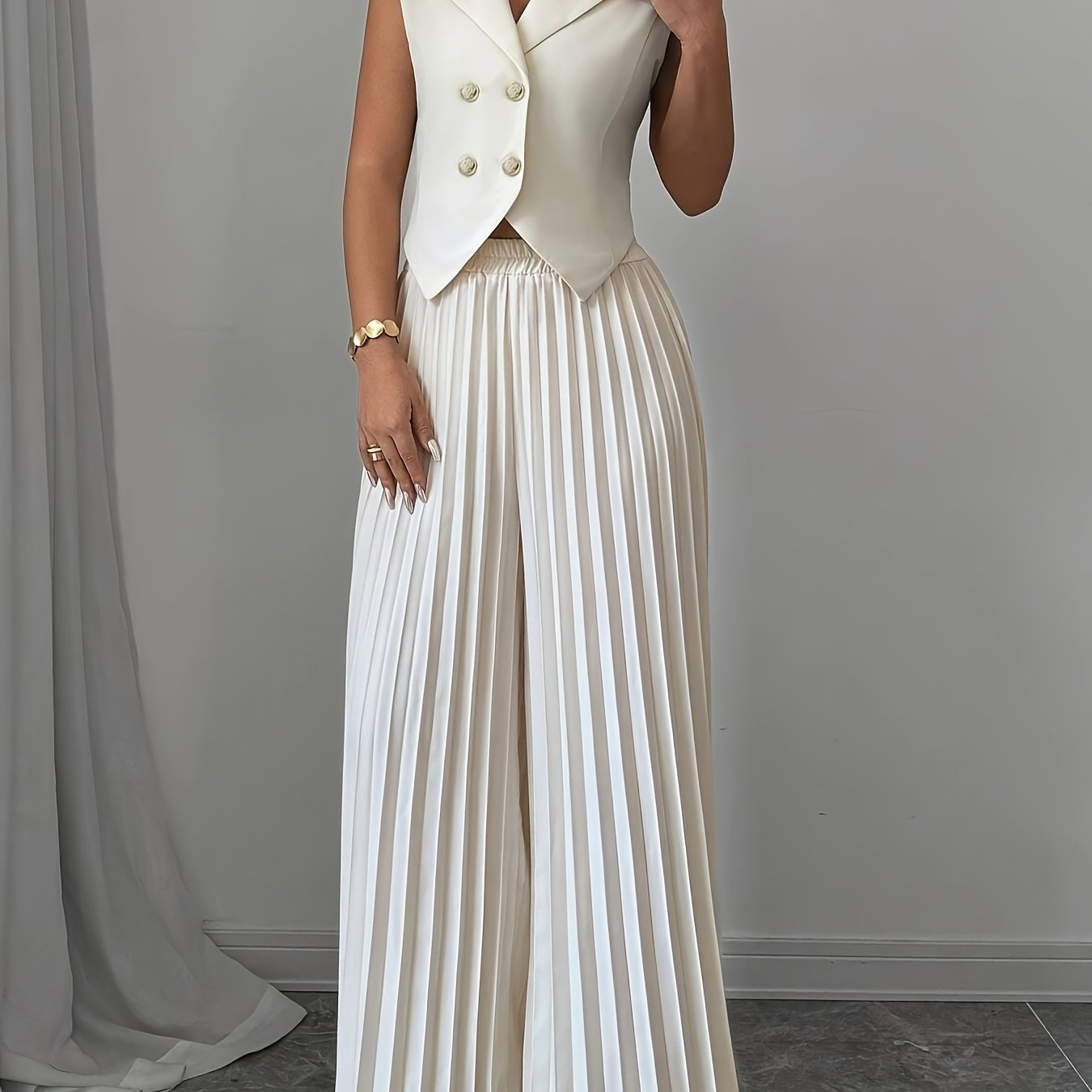 Elegant Solid Color Blazer & Pleated Wide-Leg Pants Set for Women - Machine Washable,