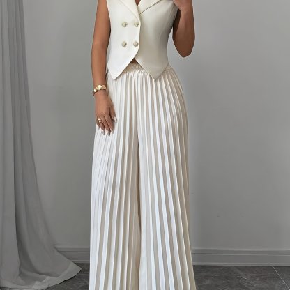 Elegant Solid Color Blazer & Pleated Wide-Leg Pants Set for Women - Machine Washable,