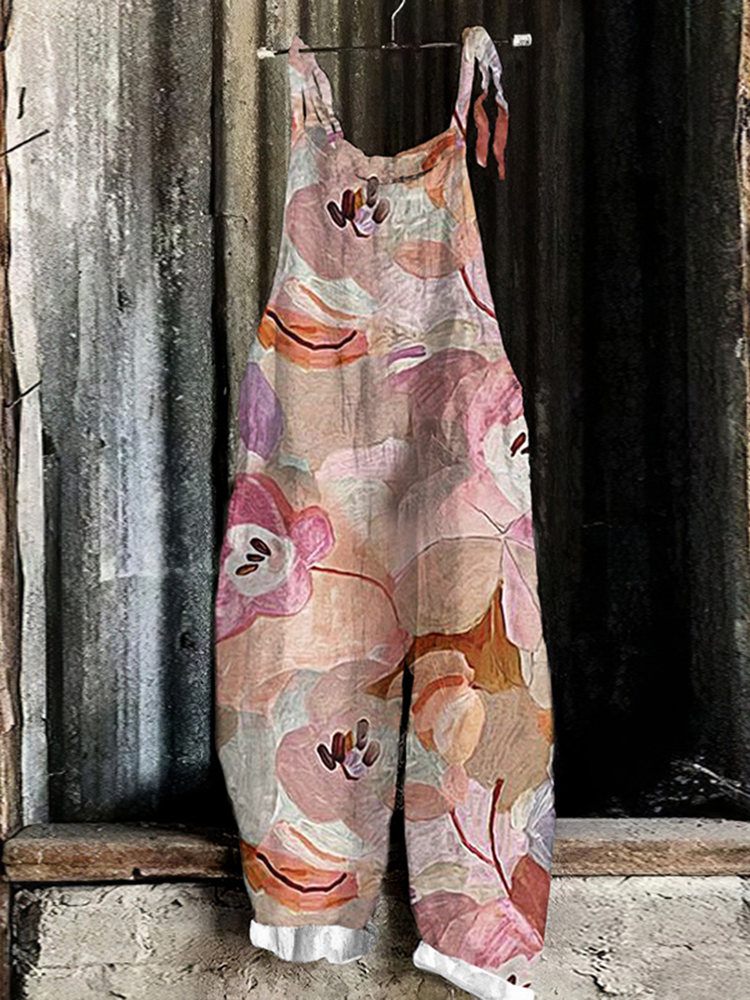 Vintage Abstract Floral Art Linen Blend Loose Casual Jumpsuit