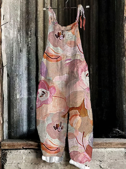 Vintage Abstract Floral Art Linen Blend Loose Casual Jumpsuit