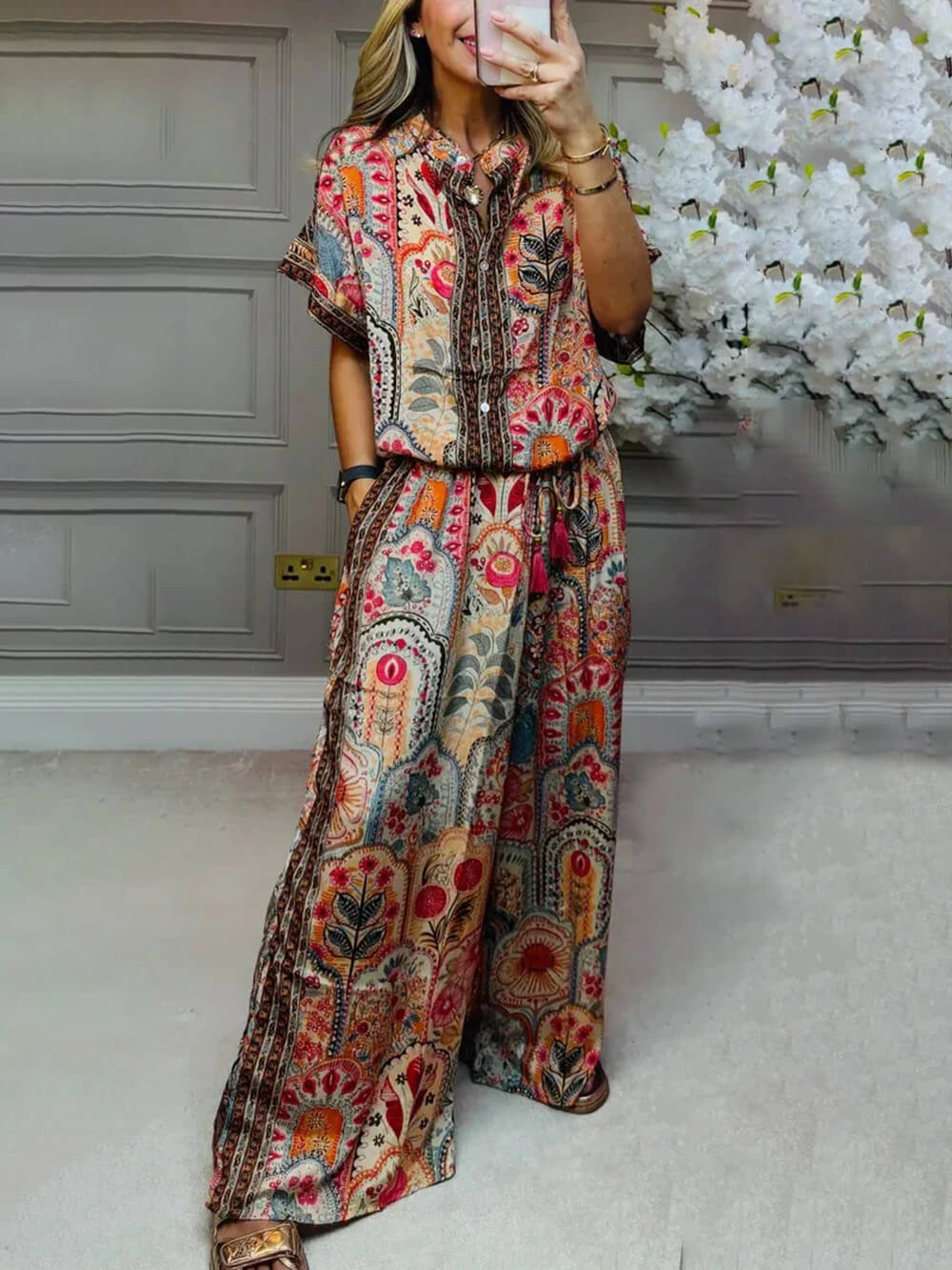 Exquisite Satin Unique Plant Flower Print Loose Wide-Leg Pants