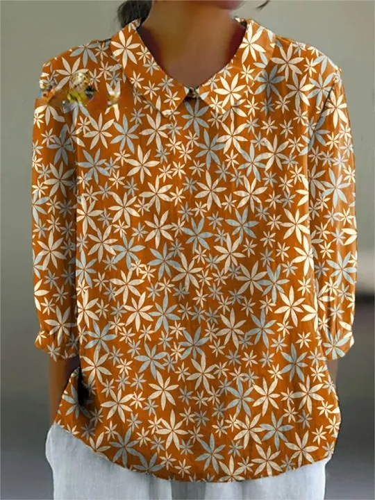 Women's Vintage Floral Abstract Art Print Casual Cotton And Linen 3/4 Sleeve Shirt