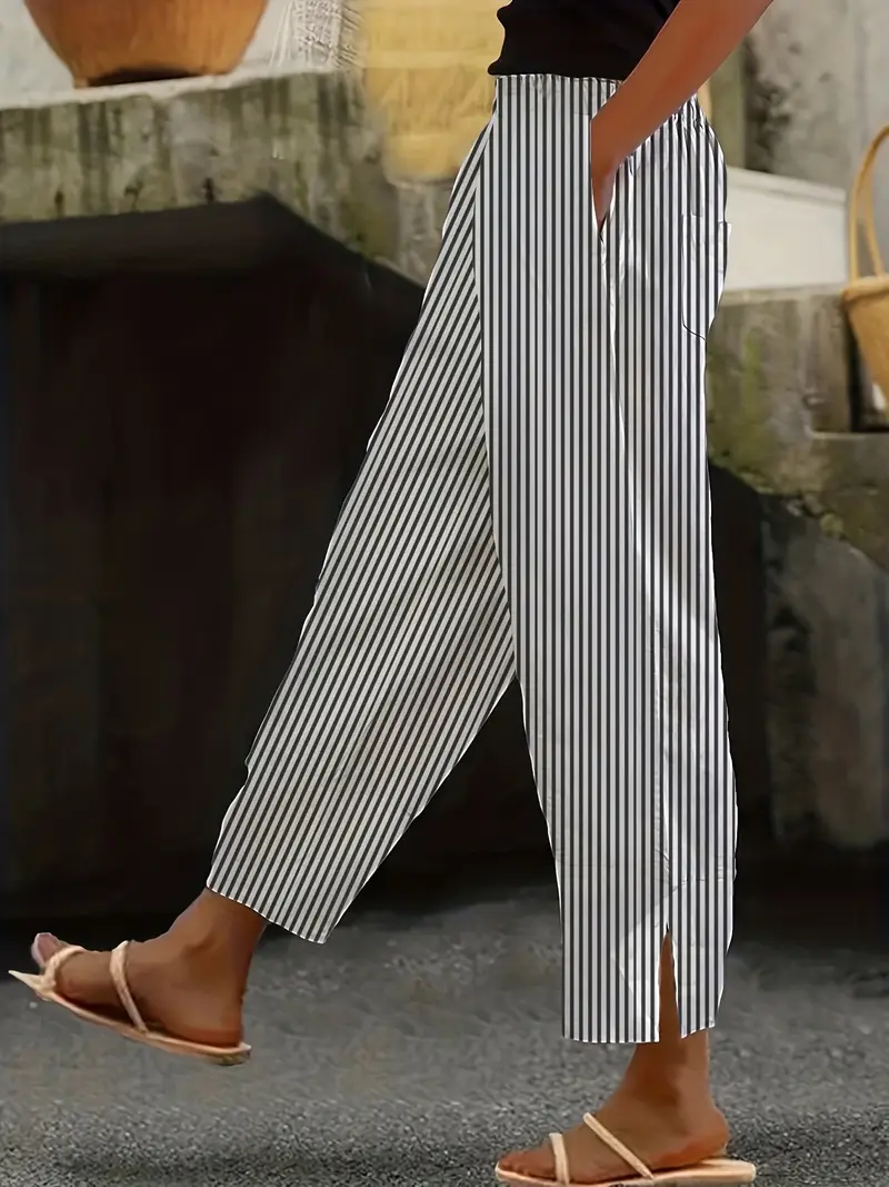 Striped Elegant Elastic Waist Slant Pocket Pants