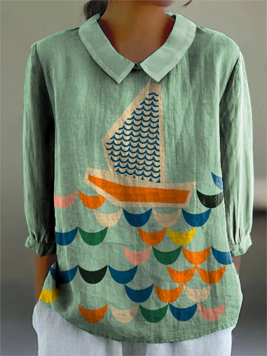  Women's Simple Color Block Boat Art Print Casual Cotton And Linen 3/4 Sleeve Shirt