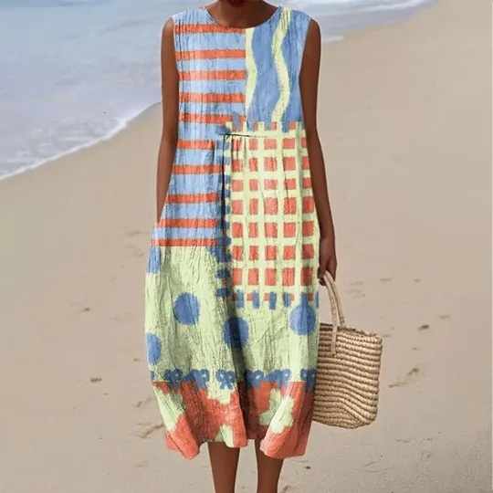 Women's Colorful Abstract Geometric Art Print Sleeveless Cotton Pocket Wrap Dress