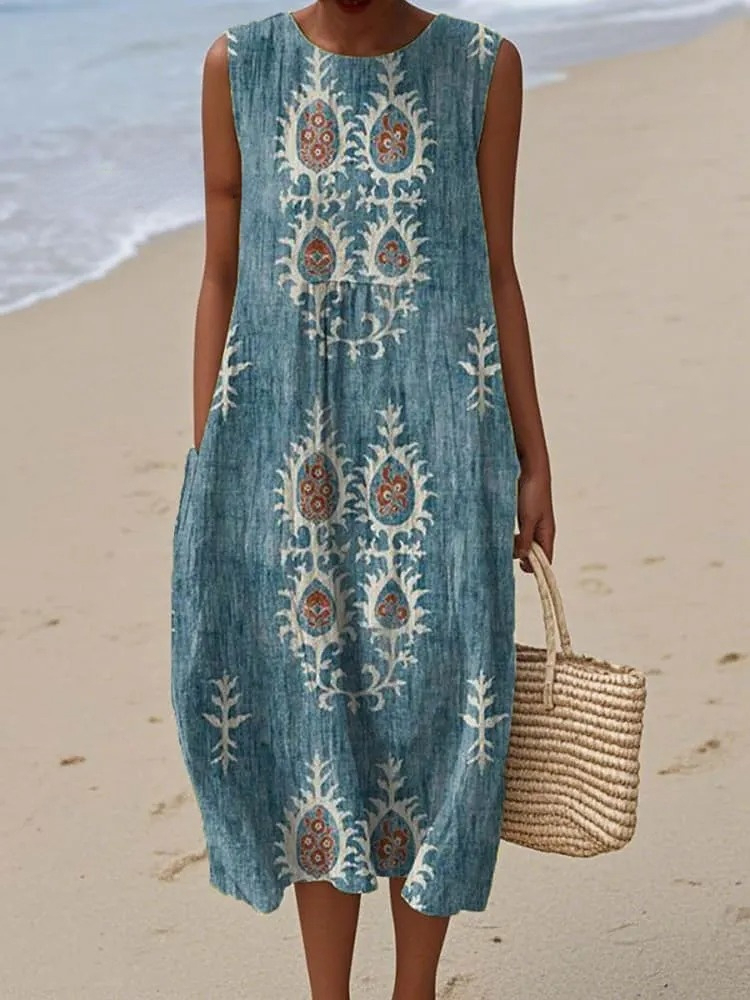 Women's Vintage Ethnic Pattern Art Print Sleeveless Cotton Pocket Wrap Dress