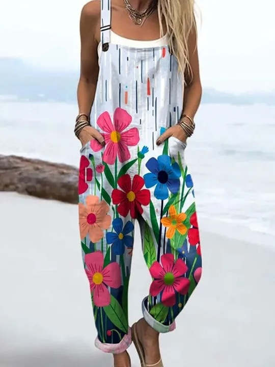 Women's Vintage Flower Art Print Casual 100% Cotton Wide Leg Jumpsuit